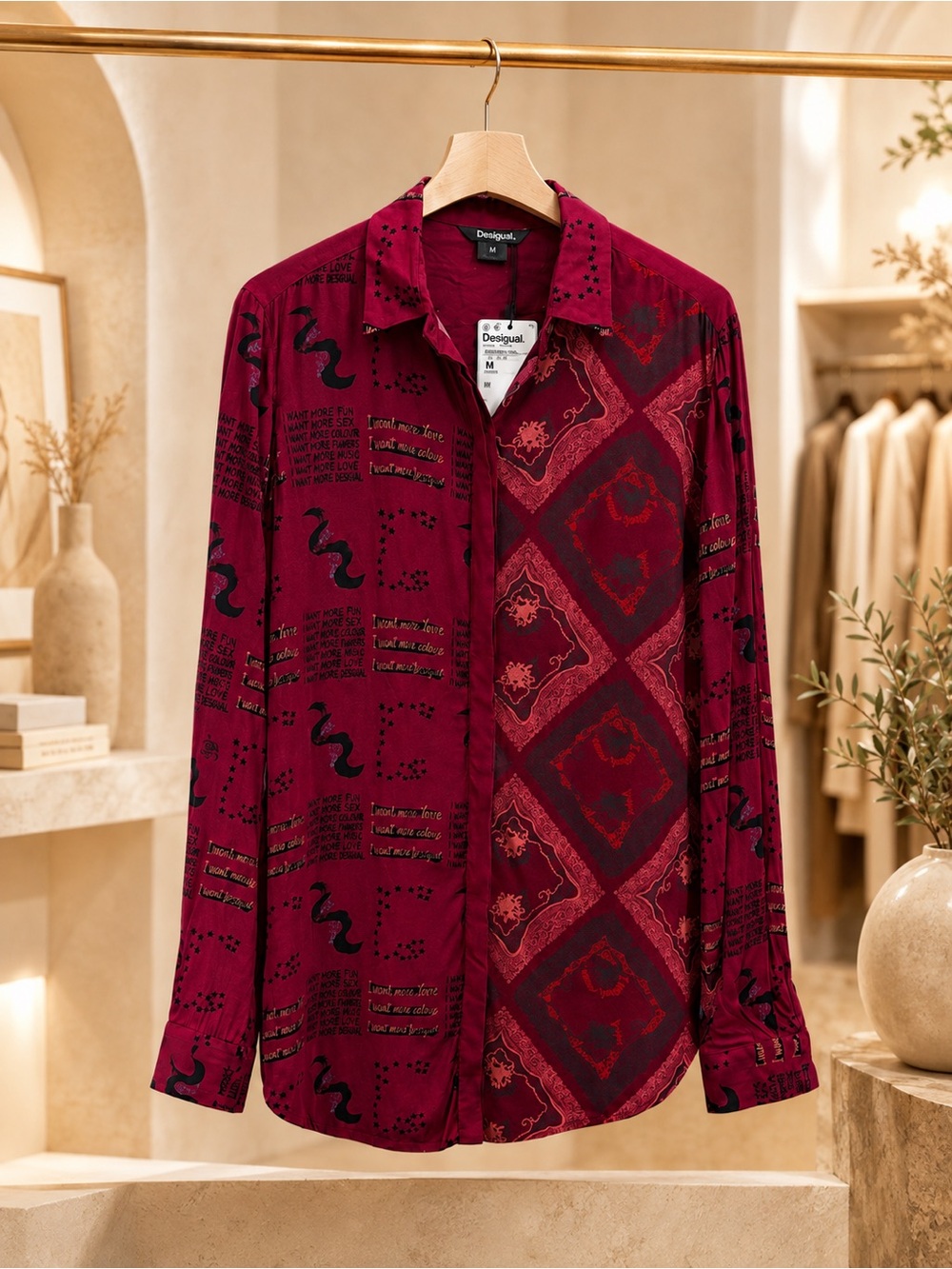 NWT Desigual Masurf Red Patchwork Asymmetrical Tunic Shirt Medium
